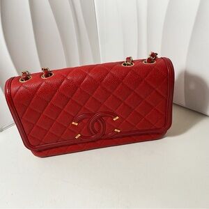 CHANEL Vanity Case Flap Bag Red Caviar Leather